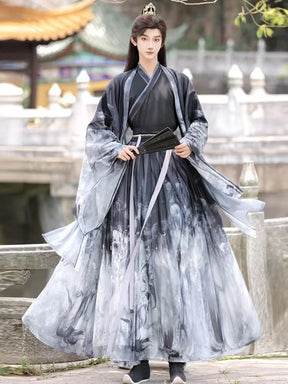 Men's Martial Arts Hanfu featuring a cross collar design, traditional ink patterns, made of polyester in black and gray.