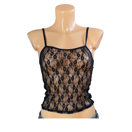 LaceMuse™ Vintage Fairycore black lace spaghetti strap top, sheer and backless, perfect for summer styling.
