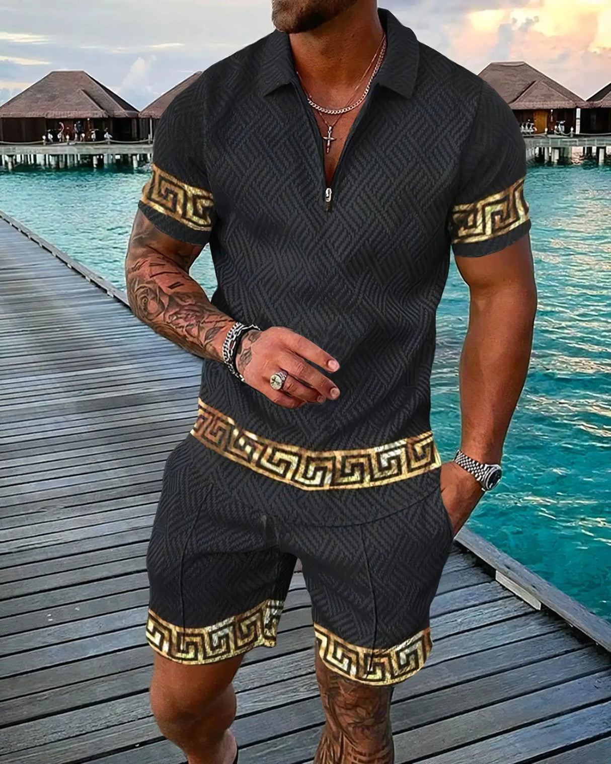 Men 3D Print Polo Shorts Set