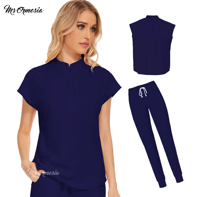 Women’s medical workwear set in navy blue, perfect for beauty salons, clinics, and healthcare workers.