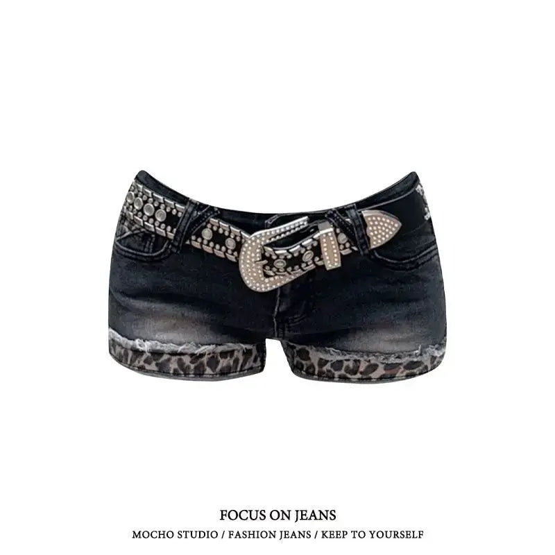 Women Retro Leopard Denim Shorts
