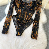 Women Square Neck Mesh Print Bodysuit