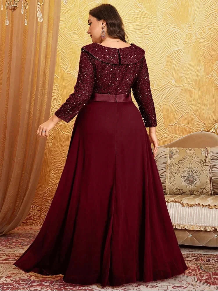 Women Plus Size Chiffon Sequin Long Sleeve Evening Dress