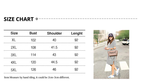 Size chart for striped pleated maternity dress with model showcasing the dress style in summer setting.