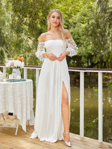 Off shoulder mermaid wedding dress with side slit, elegant lace sleeves, and a floor-length design.