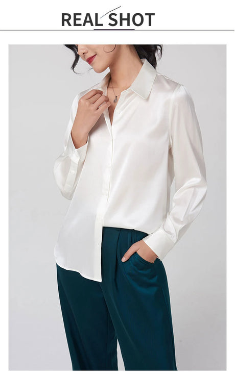 Model wearing SatinGrace™ Long Sleeve Silk Shirt in ivory, showcasing premium 95% Mulberry silk and a relaxed fit.