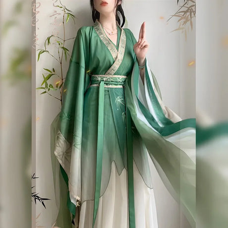Bamboo green Hanfu dress featuring large sleeves and intricate printing, perfect for parties and traditional celebrations.