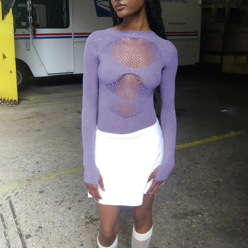 Women's Knitted Rhinestone Long Sleeve Bodysuit – Sexy Y2K Outfit
