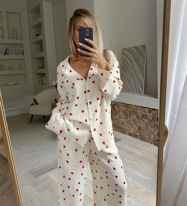 Women Cotton Pajama Set with Hearts