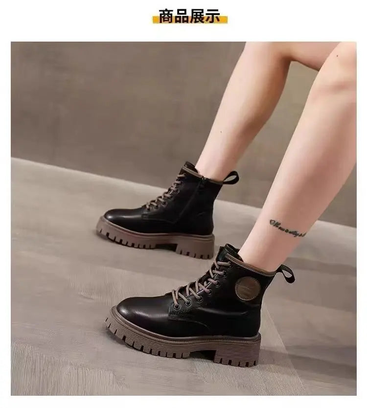 Women Motorcycle Style Ankle Boots – Thick Sole Leather Plus Velvet