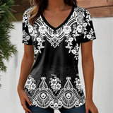 3D Flower Graphic V-Neck Tee in black with white floral patterns, perfect for women looking for stylish casual wear.