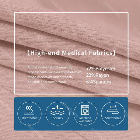 High-end medical fabric composition: 72% polyester, 22% rayon, 6% spandex; features breathable, stretchy, and machine washable.