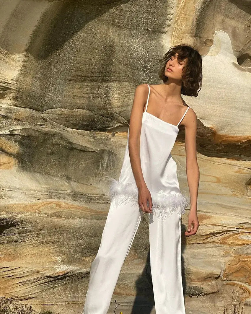 Women Satin Pajama Set with Feather Trim Pants