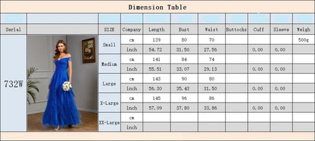 Dimension table for wedding dress sizes including bust, waist, and length measurements.