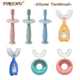 Set of baby silicone training toothbrushes in various colors and designs, ideal for introducing oral hygiene to toddlers.
