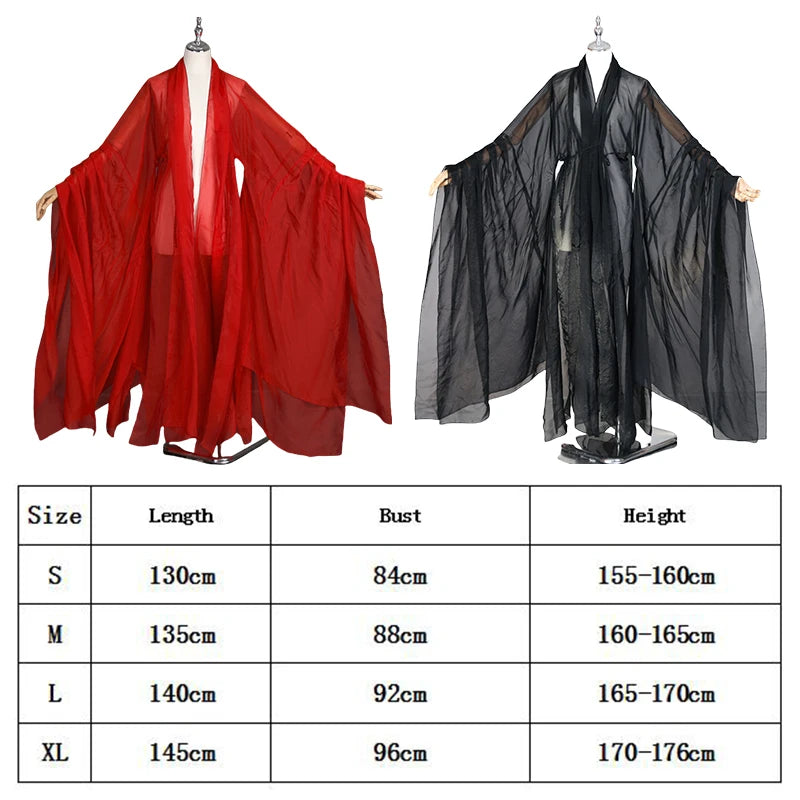 Women’s Classical Hanfu stage costume featuring red and black designs with size chart for S to XL.