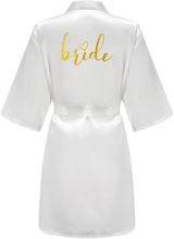 Gold letter satin bride robe in white with short sleeves, perfect for weddings or bridal ceremonies.