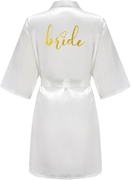 Gold letter satin bride robe in white with short sleeves, perfect for weddings or bridal ceremonies.