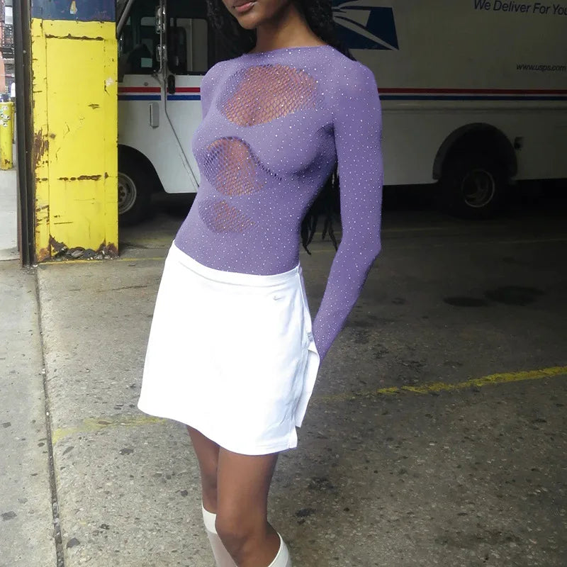 Women's Knitted Rhinestone Long Sleeve Bodysuit – Sexy Y2K Outfit