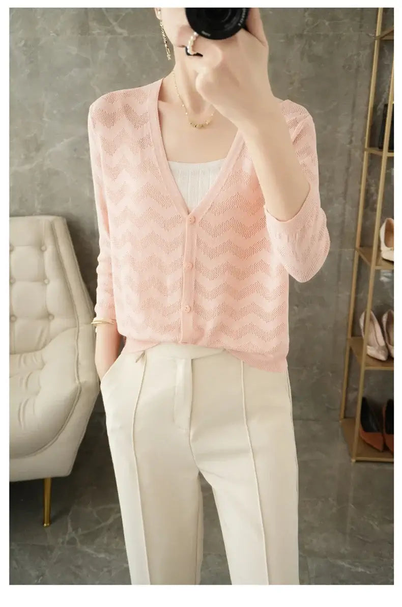 Women Knitted V-Neck Sun Protection Cardigan