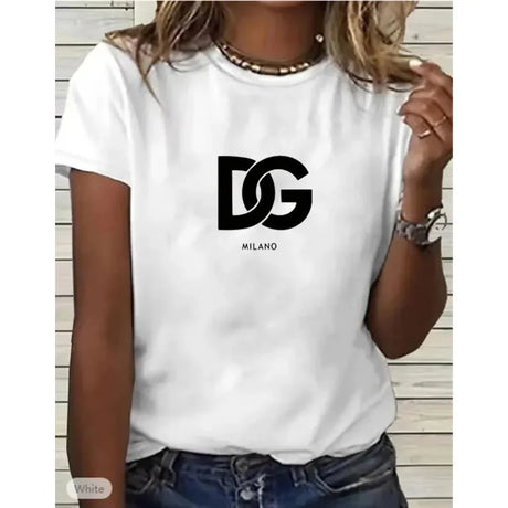 Stylish women's white t-shirt featuring DG Milano logo, perfect for casual outfits.