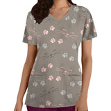 Cartoon cat print nurse scrubs in grey with pink and blue paw prints, short sleeve uniform for women.