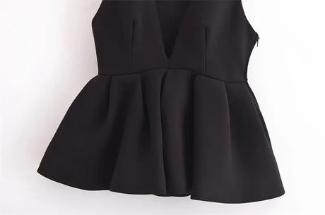 Elegant black V-neck women tank top with peplum design, perfect for party wear.