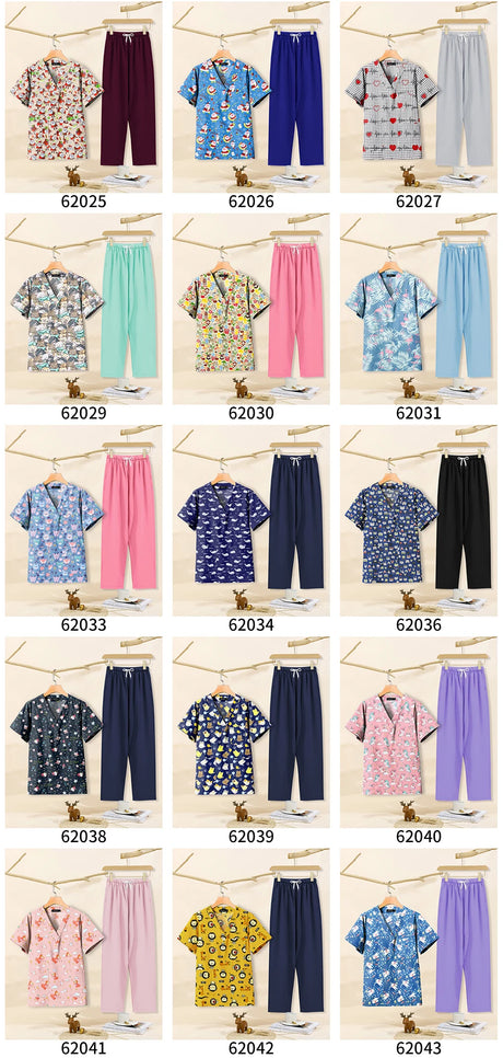 Variety of colorful cartoon print dental scrubs for women, featuring tops and pants, suitable for pet grooming and beauty salons.