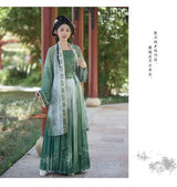Women’s Hanfu Cosplay in green, traditional dress with intricate details and flowing design, perfect for costumes and events.