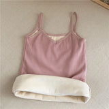 Casual velvet crop tank top in pink with a v-neck design, perfect for women's comfortable fashion.