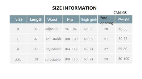 Size chart for breathable adjustable waist maternity pants in various sizes, including length, waist, hip, and weight.