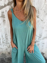 ZenFit™ – V-Neck Wide Leg Sleeveless Jumpsuit (Minimal, Cool & Flexible)