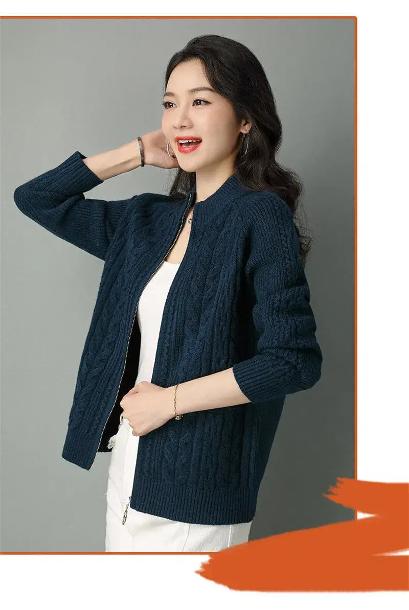 Women Zipper High Collar Knit Cardigan