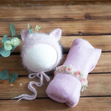 Newborn stretch knit mohair baby hat and blanket set in soft pink, perfect for infants age 0-1 year, unisex design.