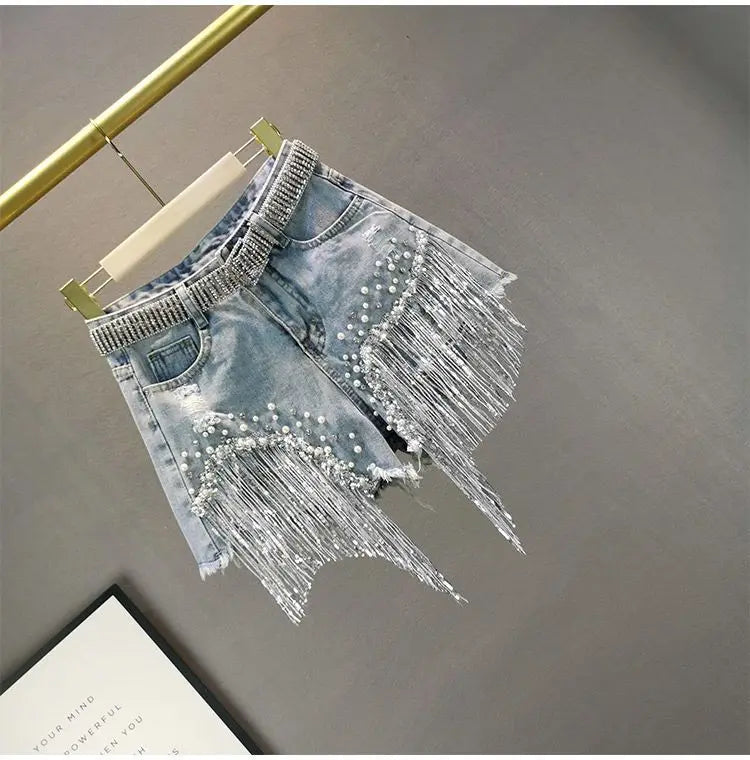 GlamBeads™ – Beaded Sequin Denim Shorts (Fringed, Broken Copper Style)