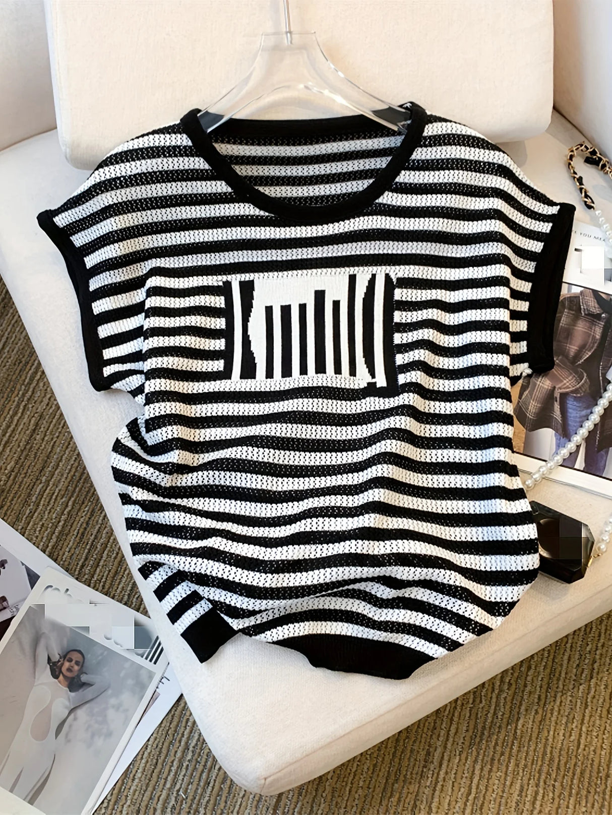 Women's Striped O-Neck Crop Sweater