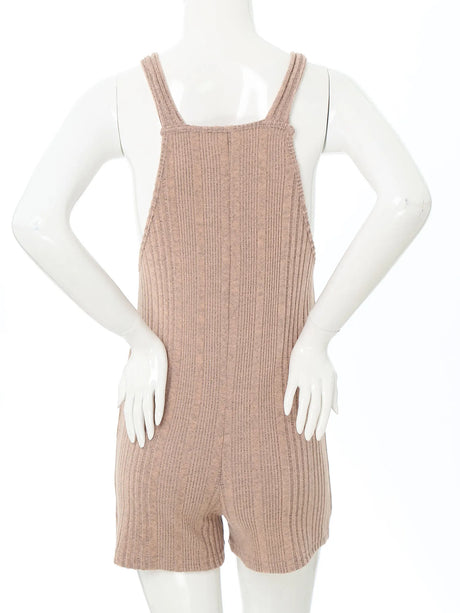 Back view of a sleeveless ribbed maternity jumpsuit in soft pink, showcasing casual overall design for summer.