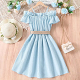 Girls casual one-shoulder strap dress in light blue with patchwork lace and belt, perfect for summer wear.
