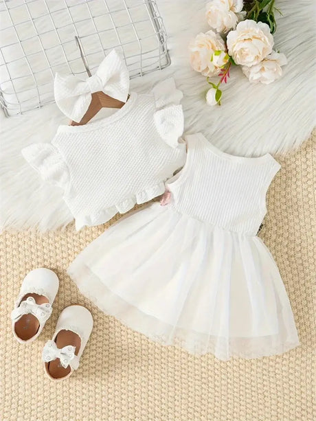 Newborn baby girls dress set featuring a white dress, matching headband, and shoes, perfect for summer wear.