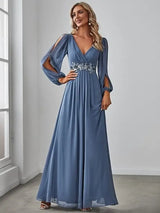 Women Elegant Evening Dress Long Sleeve A-Line Maxi