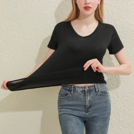 Slim fit black cotton V-neck tee, lightweight and breathable, ideal for summer wear.