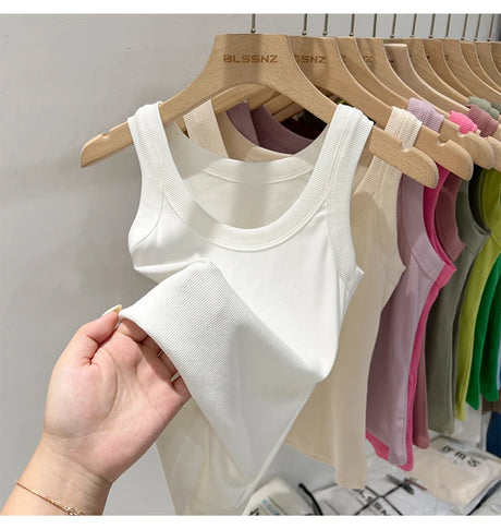 RibFlex™ Basic O-Neck Tank in white, showcasing elastic ribbed fabric, perfect for summer wear.