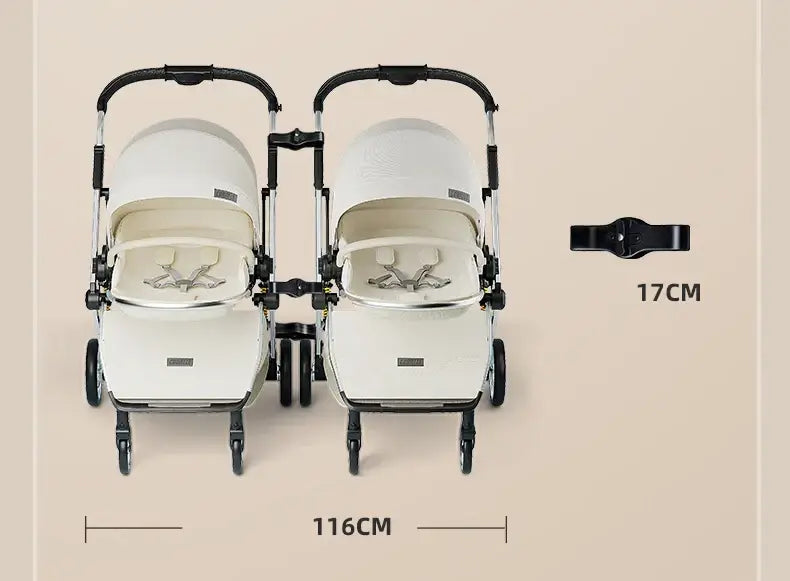 Twins baby stroller showing dimensions; 116CM width, foldable design for infants and toddlers, ideal for parents.