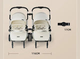 Twins baby stroller showing dimensions; 116CM width, foldable design for infants and toddlers, ideal for parents.