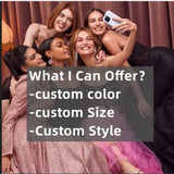 Group of five women showcasing custom wedding dress options: color, size, and style.