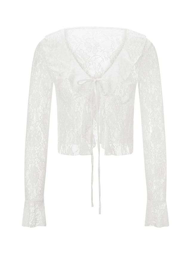 White sheer lace crop cardigan with flare sleeves and sexy front tie detail.