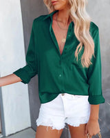 Women Long Sleeve Solid Patch Pocket Blouse