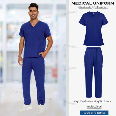 Multicolor surgical gown for men in navy blue, featuring breathable fabric and stylish design for hospital scrubs.
