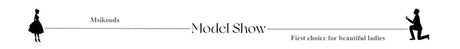 Model Show graphic featuring silhouette of a woman in a dress and a man kneeling, promoting Msikoods brand.