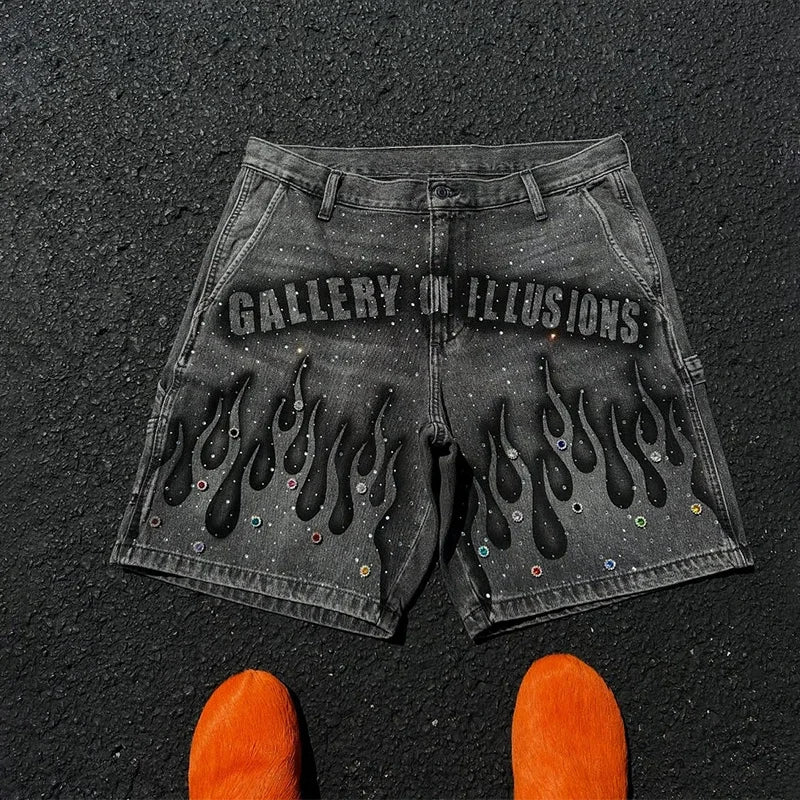 FlameShorts™ – Rhinestone Baggy Shorts (Y2K Flame Street Look)